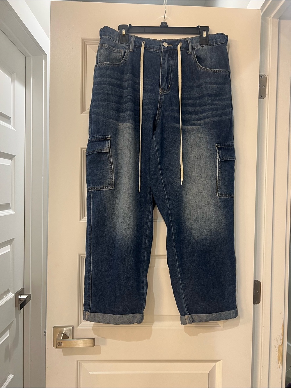 SHEIN Curve 1XL Dark Wash Cargo Jeans with Drawstring Waist